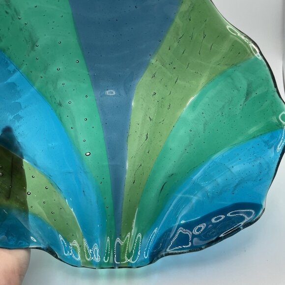 Vintage Blown Art Glass Clamshell Green Blue Bowl Dish MCM Shell Aquatic Ocean - Picture 7 of 10